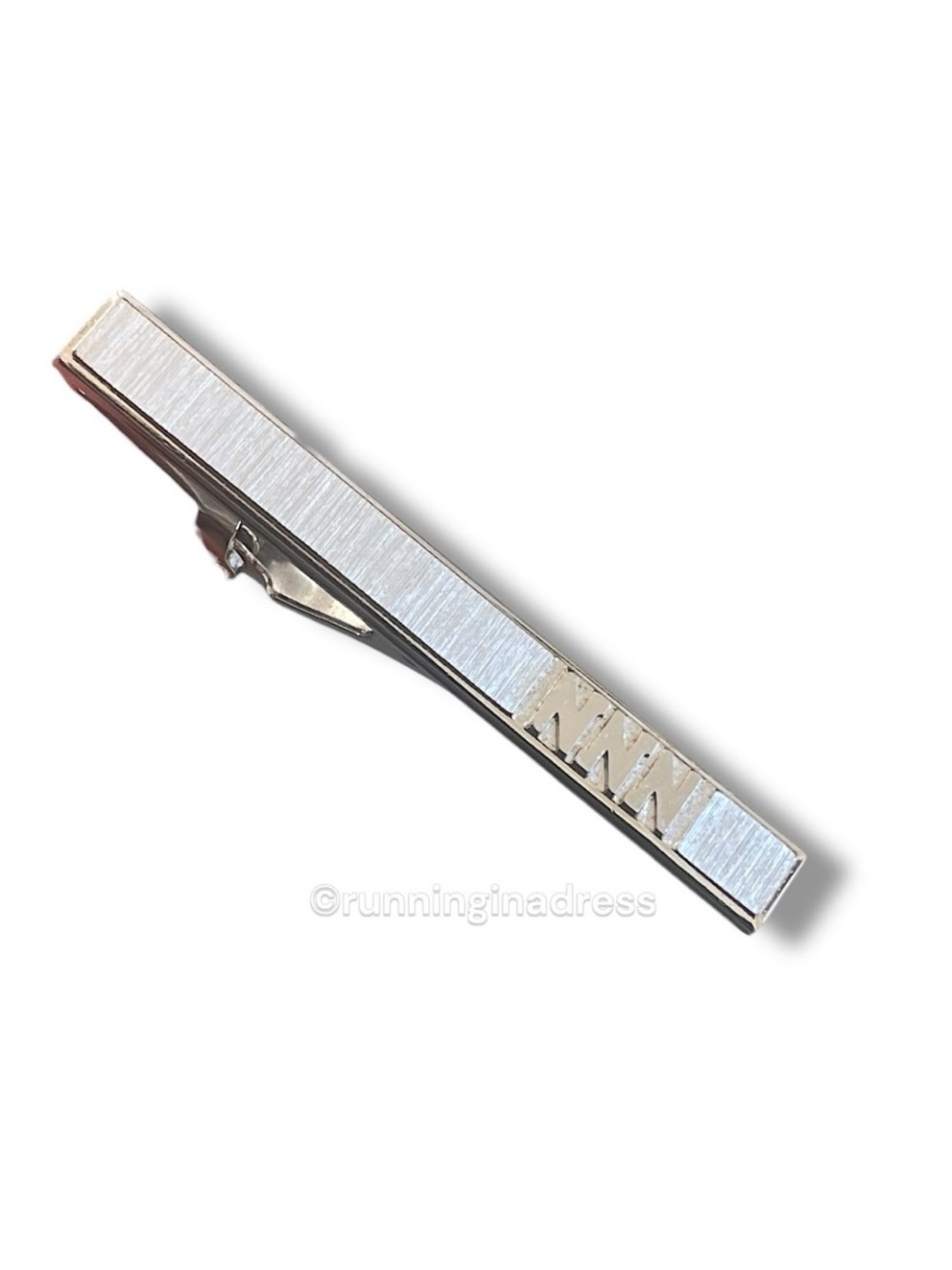 Vintage Nina Ricci Textured Silver NNN Monogram Logo Tie Clip Bar Pin France